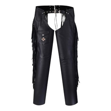 Front view of men’s black leather assless chaps with fringe