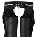 Close-up back detail of fringe and lace-up waistband on leather chaps