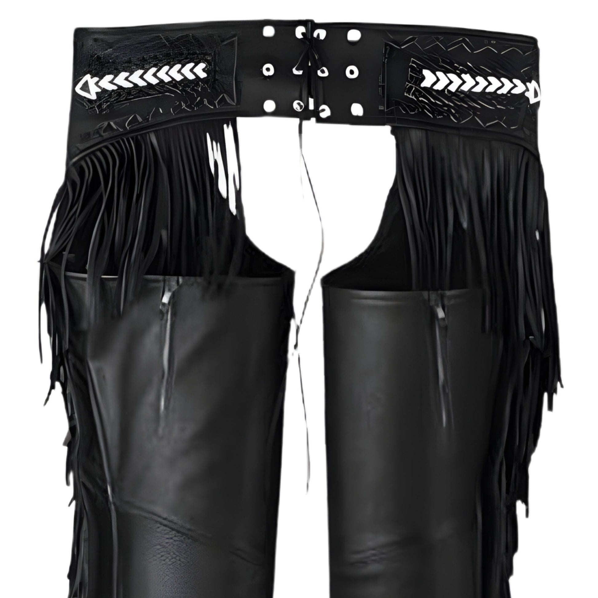 Close-up back detail of fringe and lace-up waistband on leather chaps