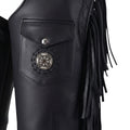 Close-up pocket detail with decorative concho on black leather chaps