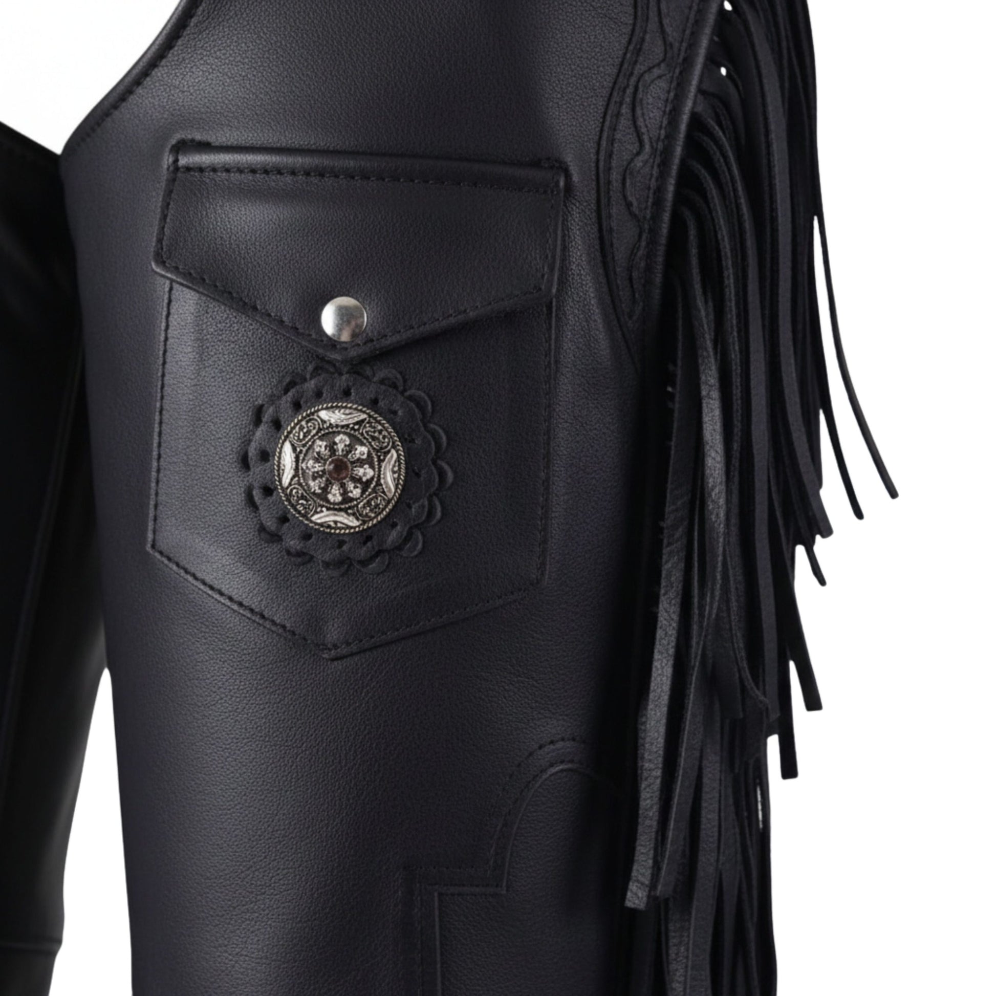 Close-up pocket detail with decorative concho on black leather chaps