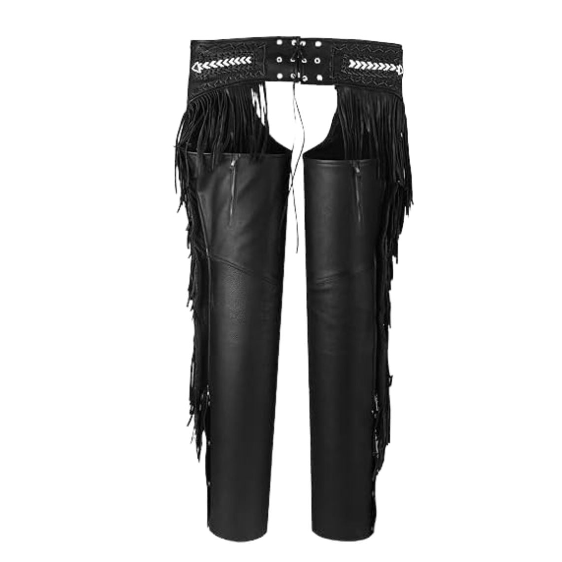 Back view of black biker chaps with embroidered waistband and fringe