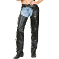 Front view of women’s black leather assless cowgirl chaps