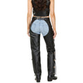 Back view of women’s black leather assless chaps with concho accents