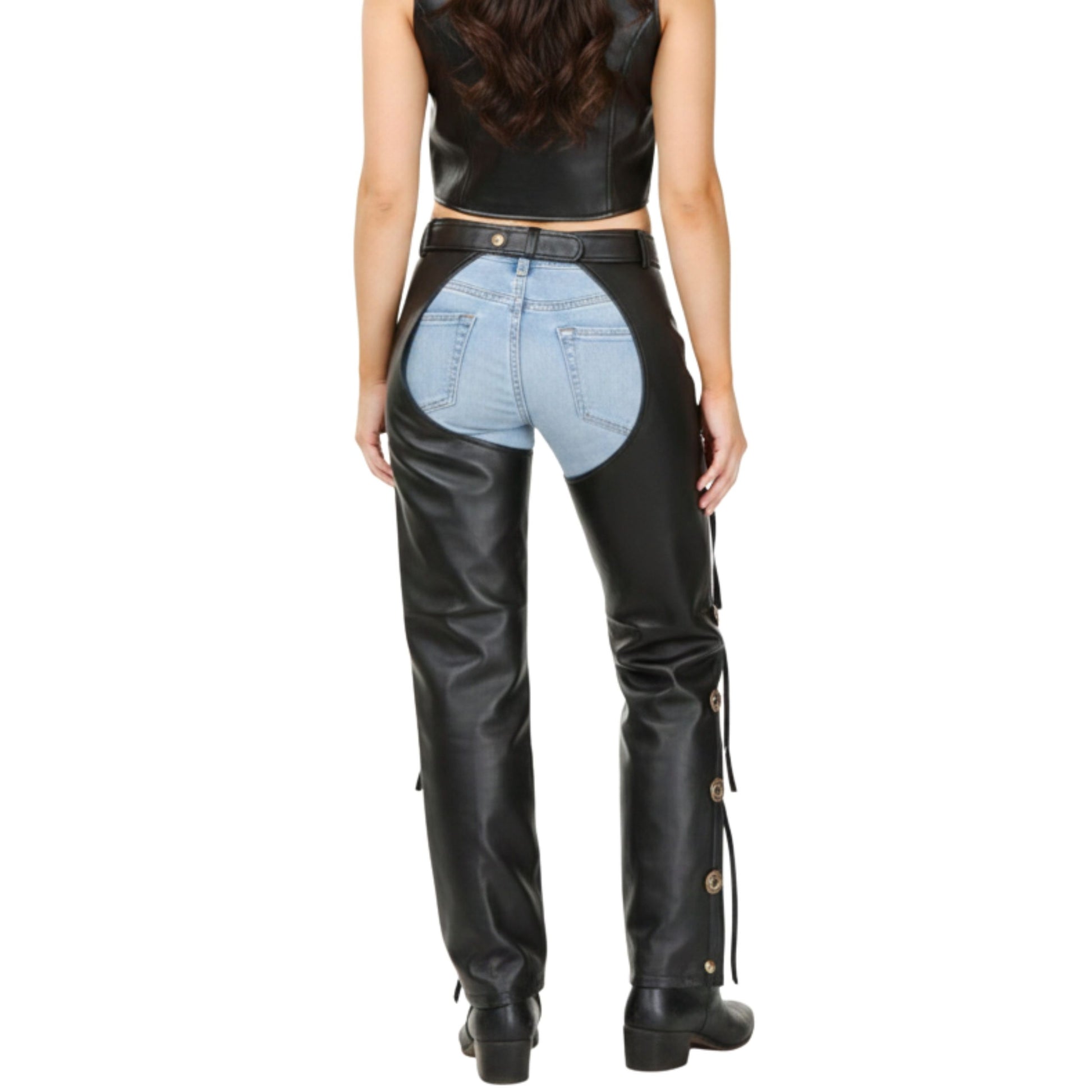 Back view of women’s black leather assless chaps with concho accents