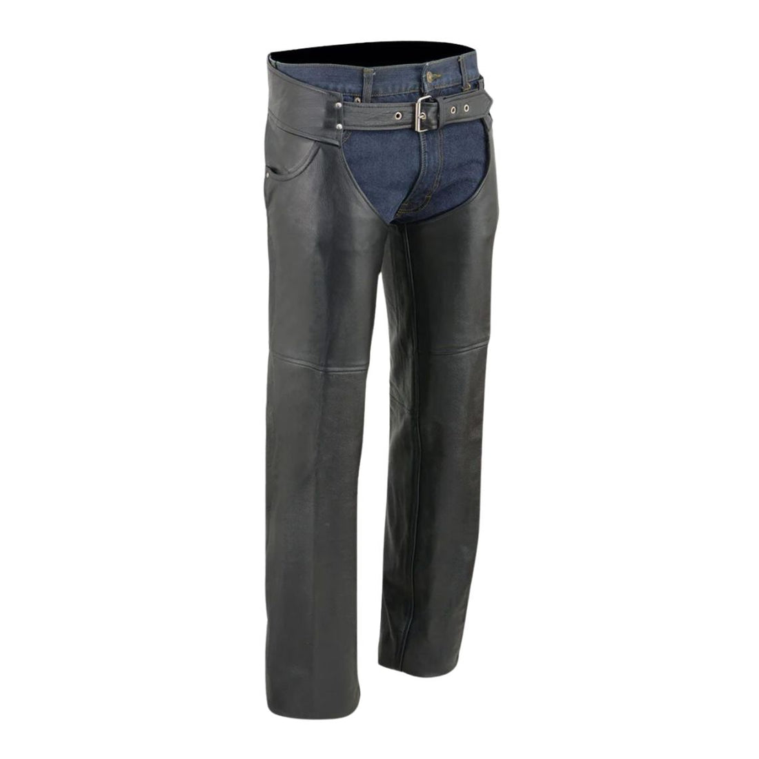 Front view of men’s black leather assless motorcycle chaps