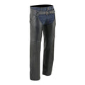 Front view of men’s black leather assless motorcycle chaps