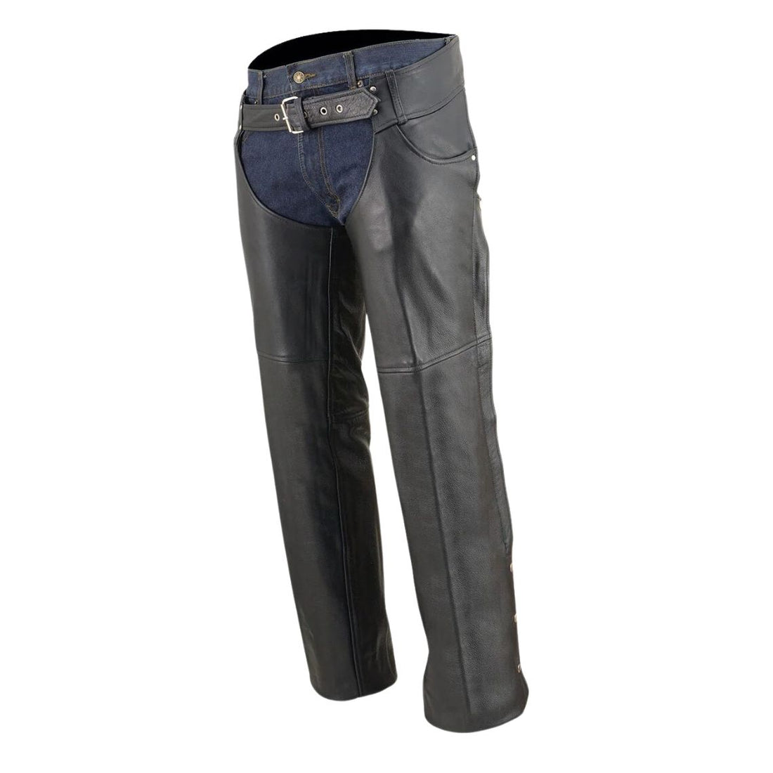 Front view of men’s black leather assless motorcycle chaps
