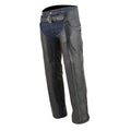 Angled front view of black leather biker riding chaps for men