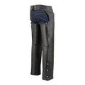 Side back view of men’s black leather assless biker chaps