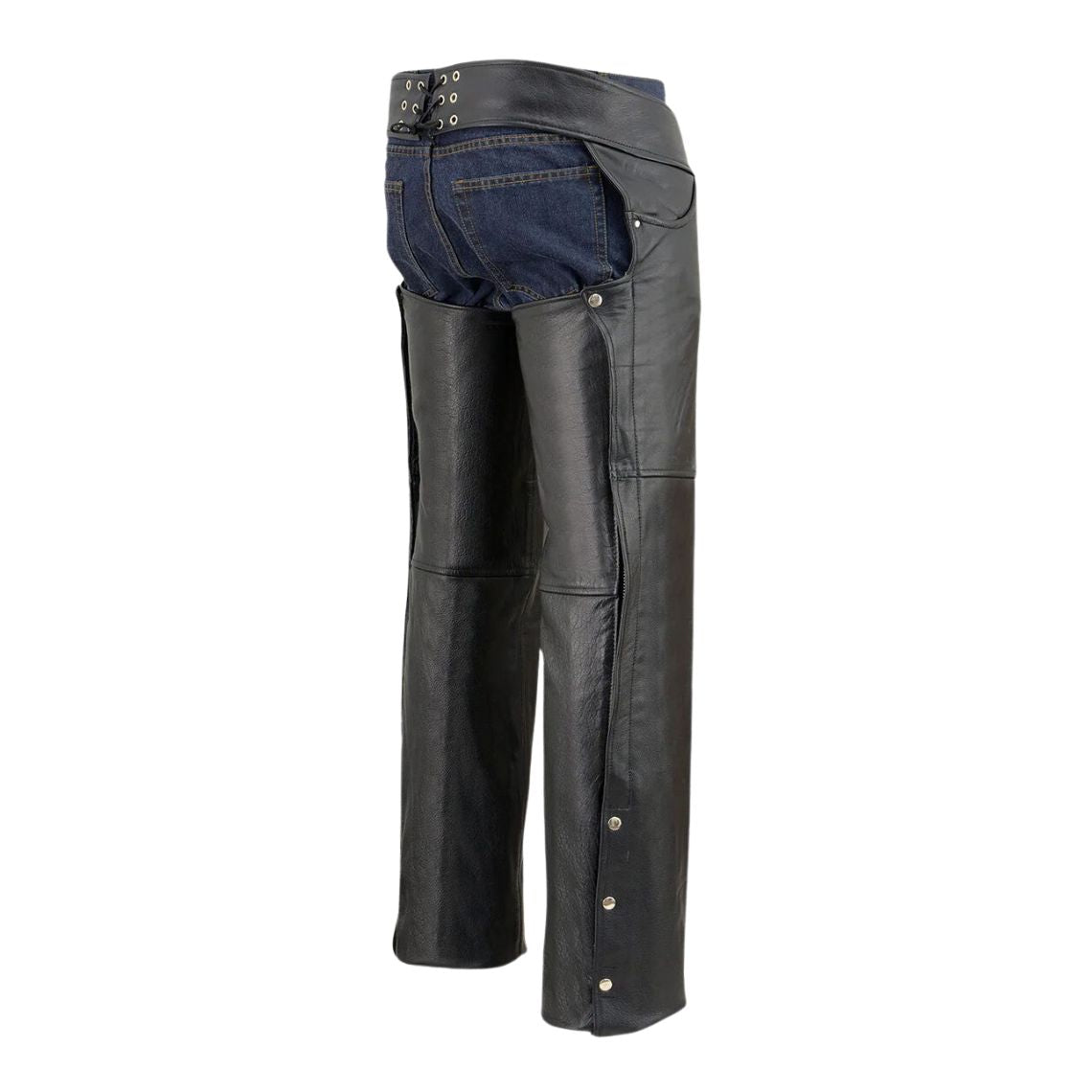 Side back view of men’s black leather assless biker chaps