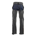 Rear view of men’s black motorcycle leather riding chaps