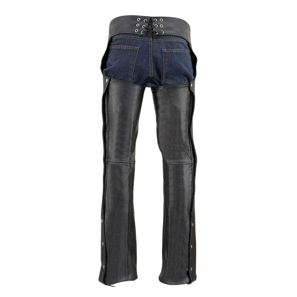 Rear view of men’s black motorcycle leather riding chaps