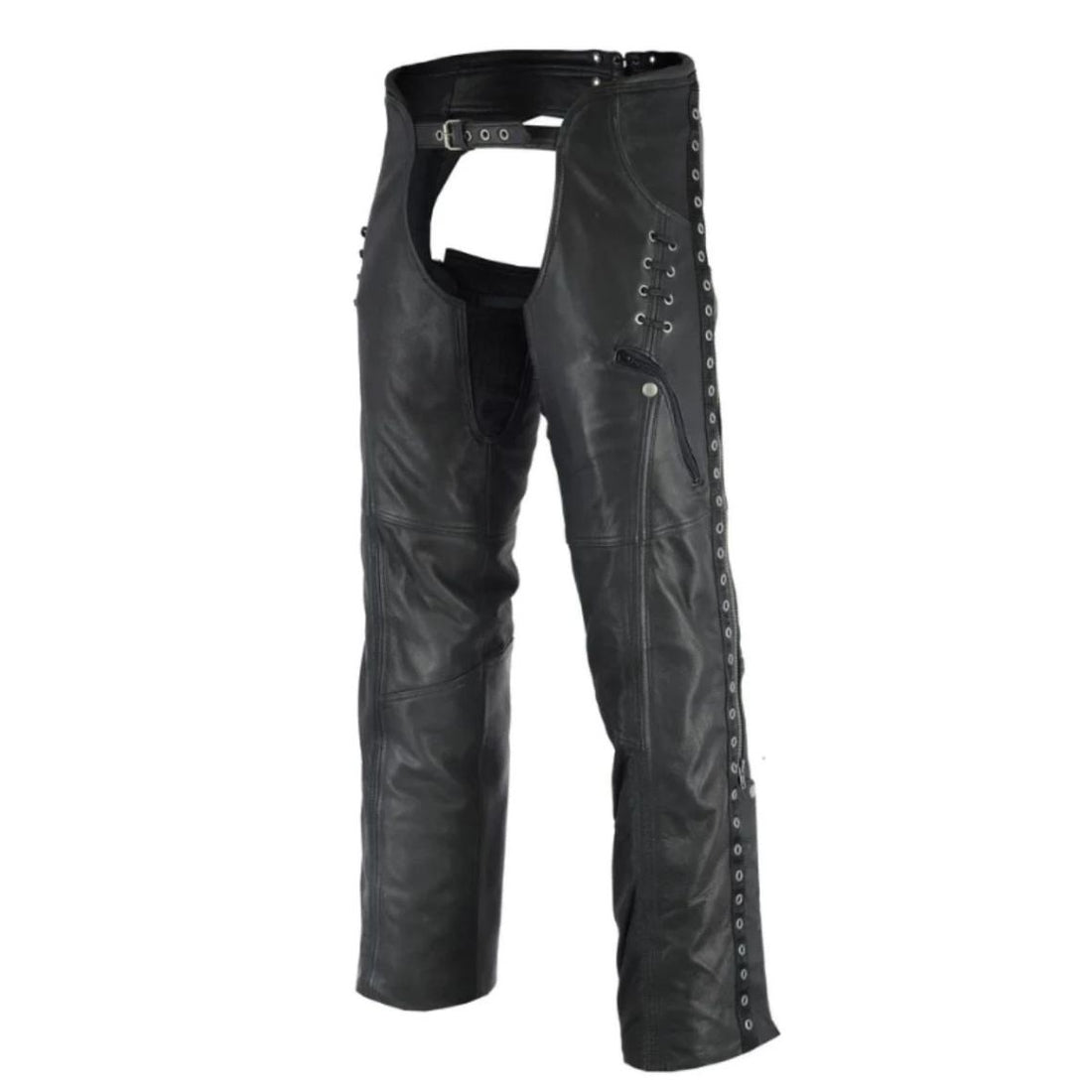 Women’s black motorcycle leather chaps front view with zip and belt