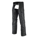Women’s black motorcycle leather chaps front view with zip and belt