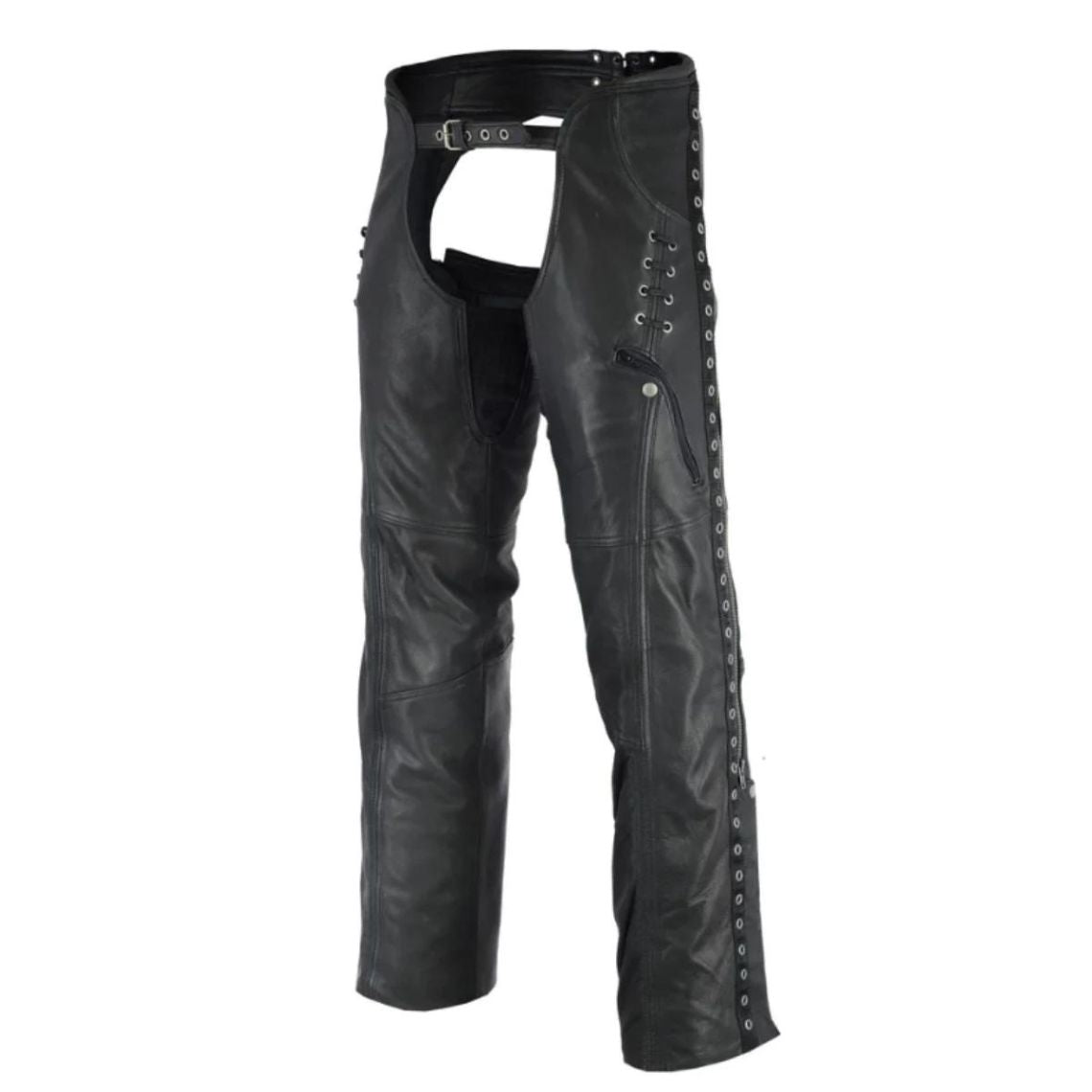Women’s black motorcycle leather chaps front view with zip and belt