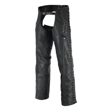 Women’s black motorcycle leather chaps front view with zip and belt