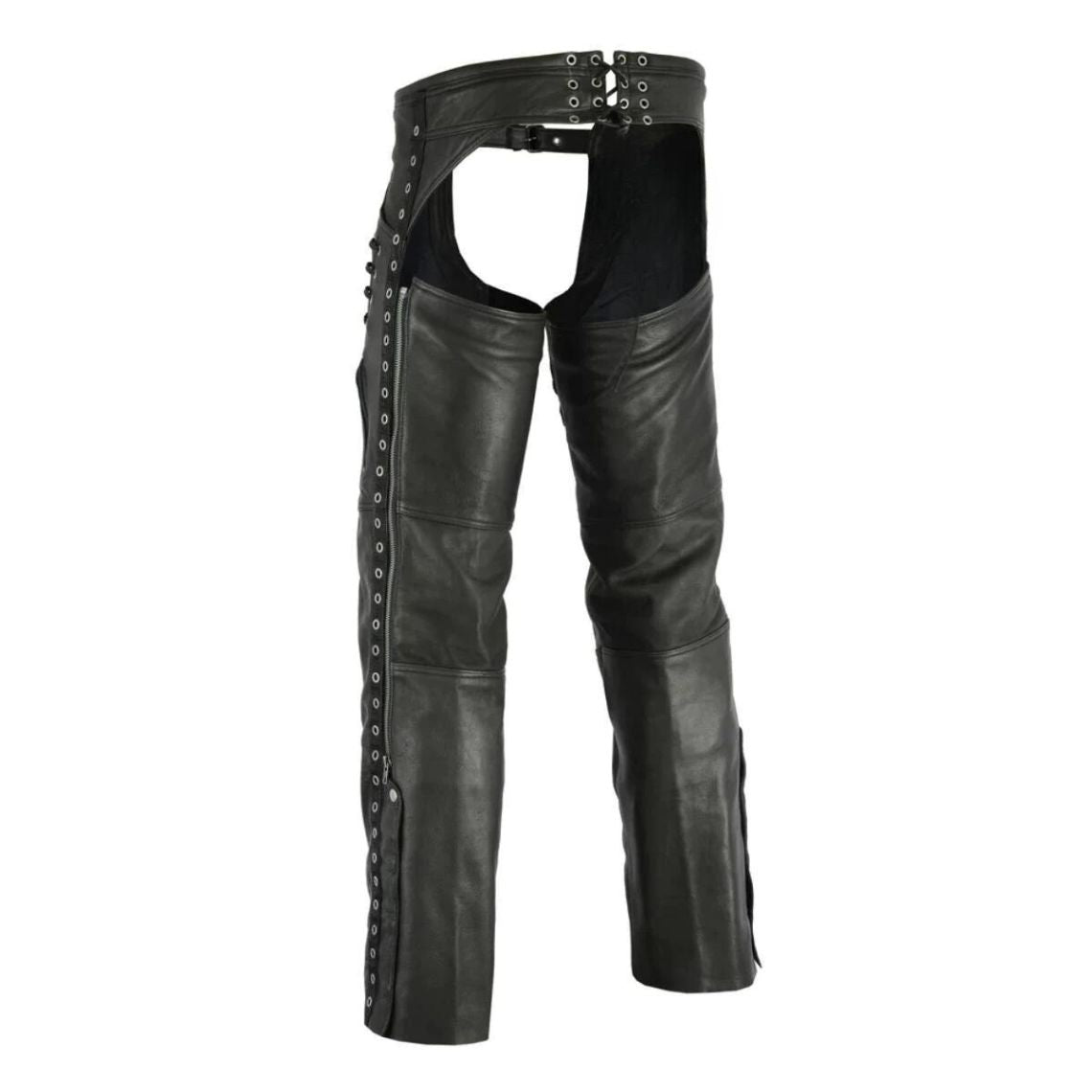 Back view of women’s leather riding chaps with lace-up adjustable waist