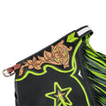 Black neon green rodeo chaps leather fringe side view