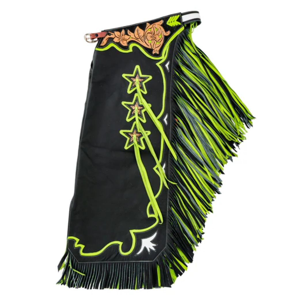 Western bull riding chaps black green star design detail