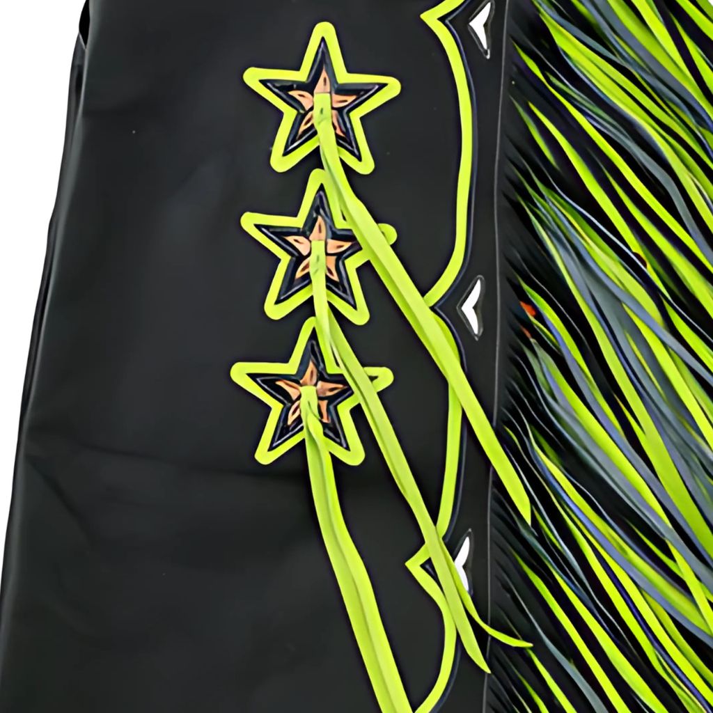 Premium leather rodeo chaps neon green fringe close up