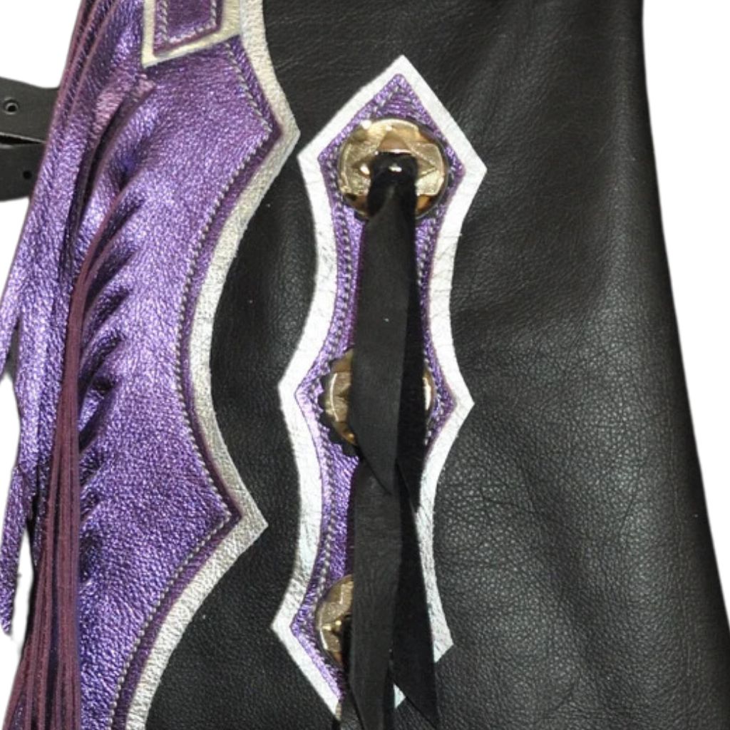 full view black purple bull riding chaps american flag patch fringe