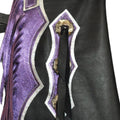 close up black and purple rodeo chaps leather concho detailing fringe