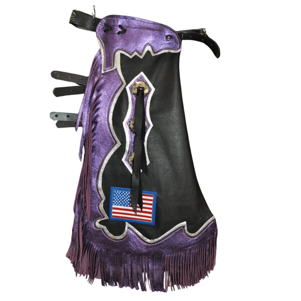 full view black purple bull riding chaps american flag patch fringe