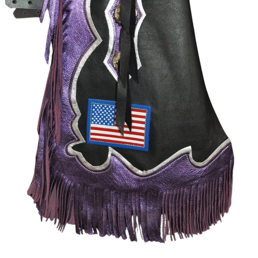 bottom detail rodeo chaps purple fringe black leather western design