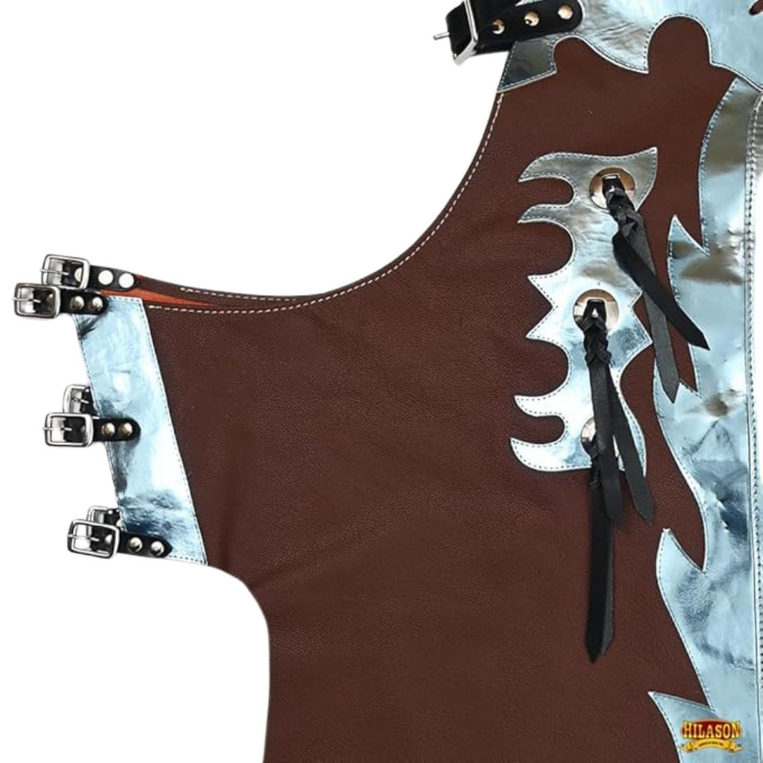 Brown leather rodeo chaps silver blue fringe western riding gear full view