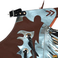 Bull riding chaps brown leather with blue silver fringe rear view
