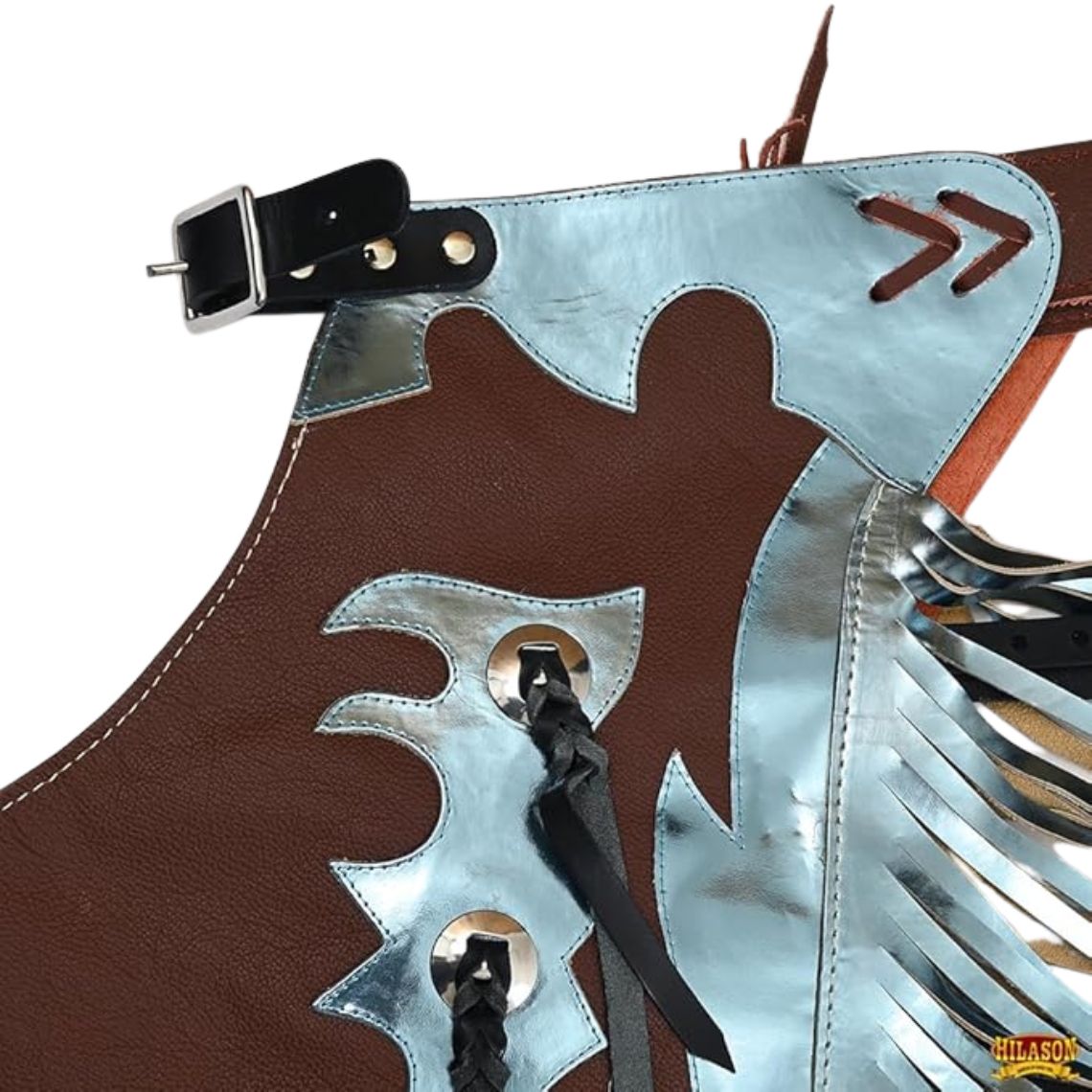 Bull riding chaps brown leather with blue silver fringe rear view