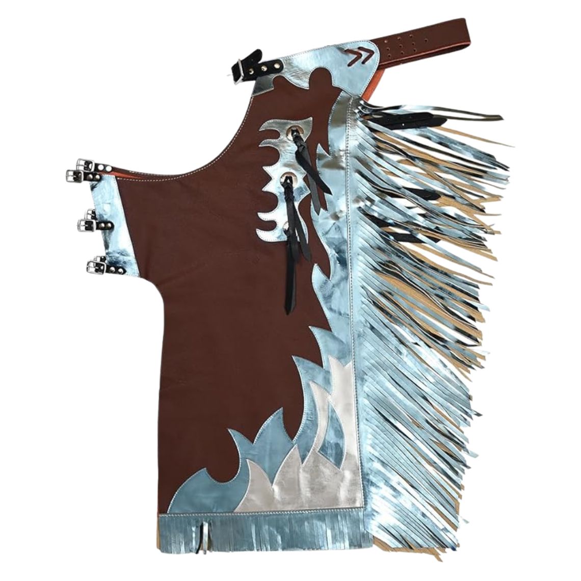 Brown leather rodeo chaps silver blue fringe western riding gear full view
