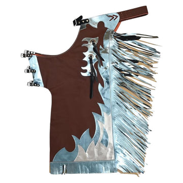 Brown leather rodeo chaps silver blue fringe western riding gear full view