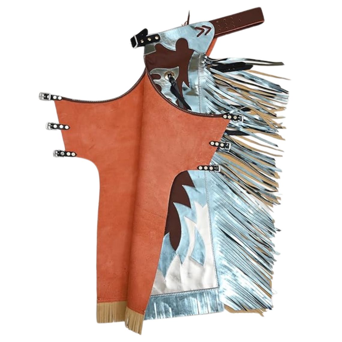 Western brown rodeo chaps metallic silver blue fringe side profile