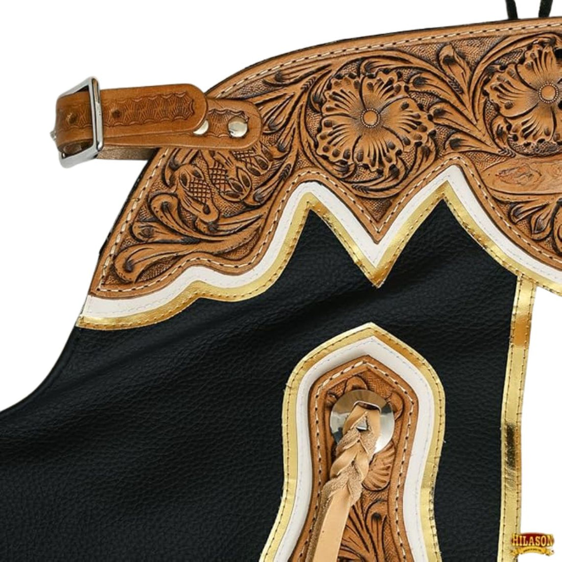full view rodeo chaps black gold white fringe western design