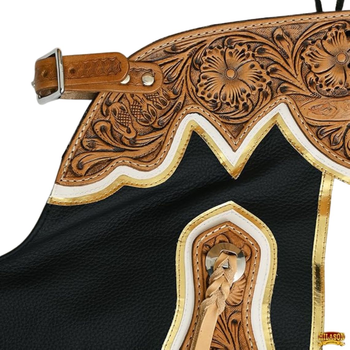 close up black leather rodeo chaps tooled floral yoke gold trim