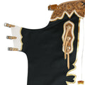 side view bull riding chaps black leather white fringe buckle straps