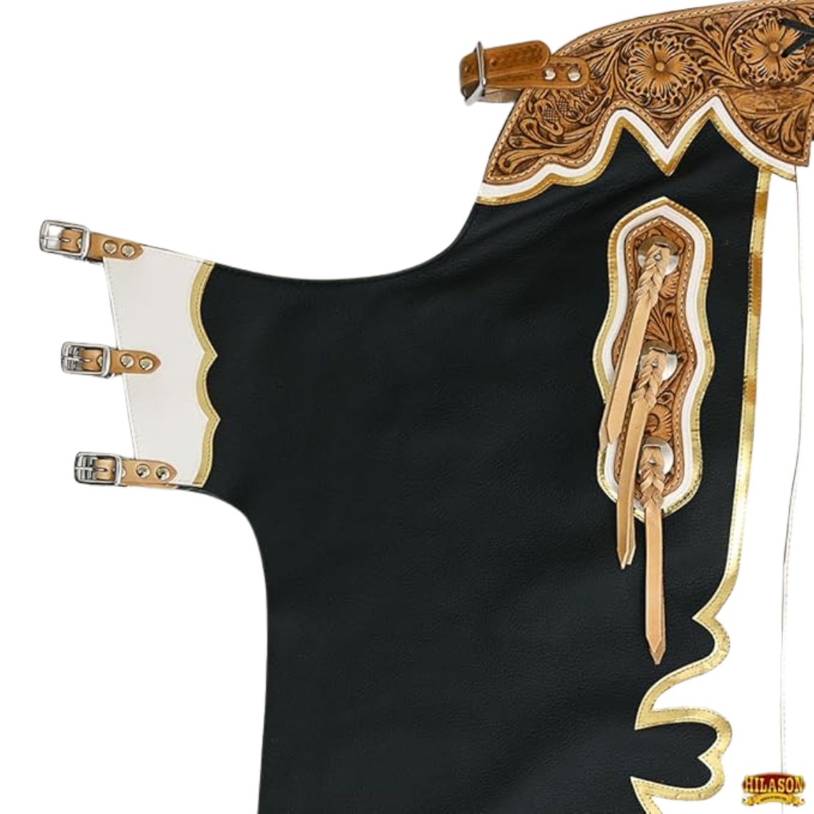 side view bull riding chaps black leather white fringe buckle straps