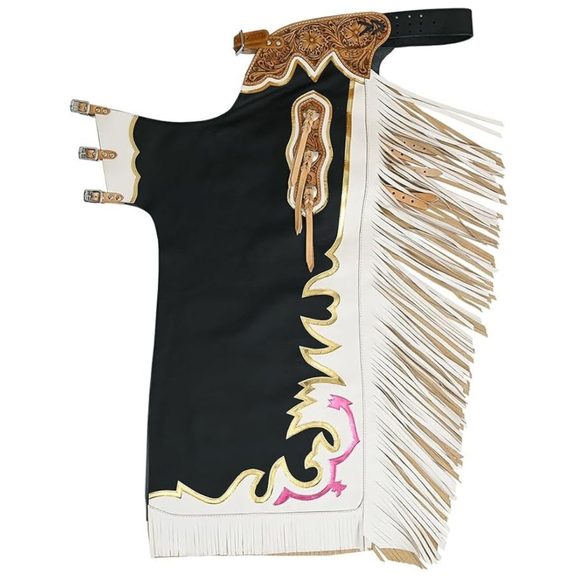 full view rodeo chaps black gold white fringe western design