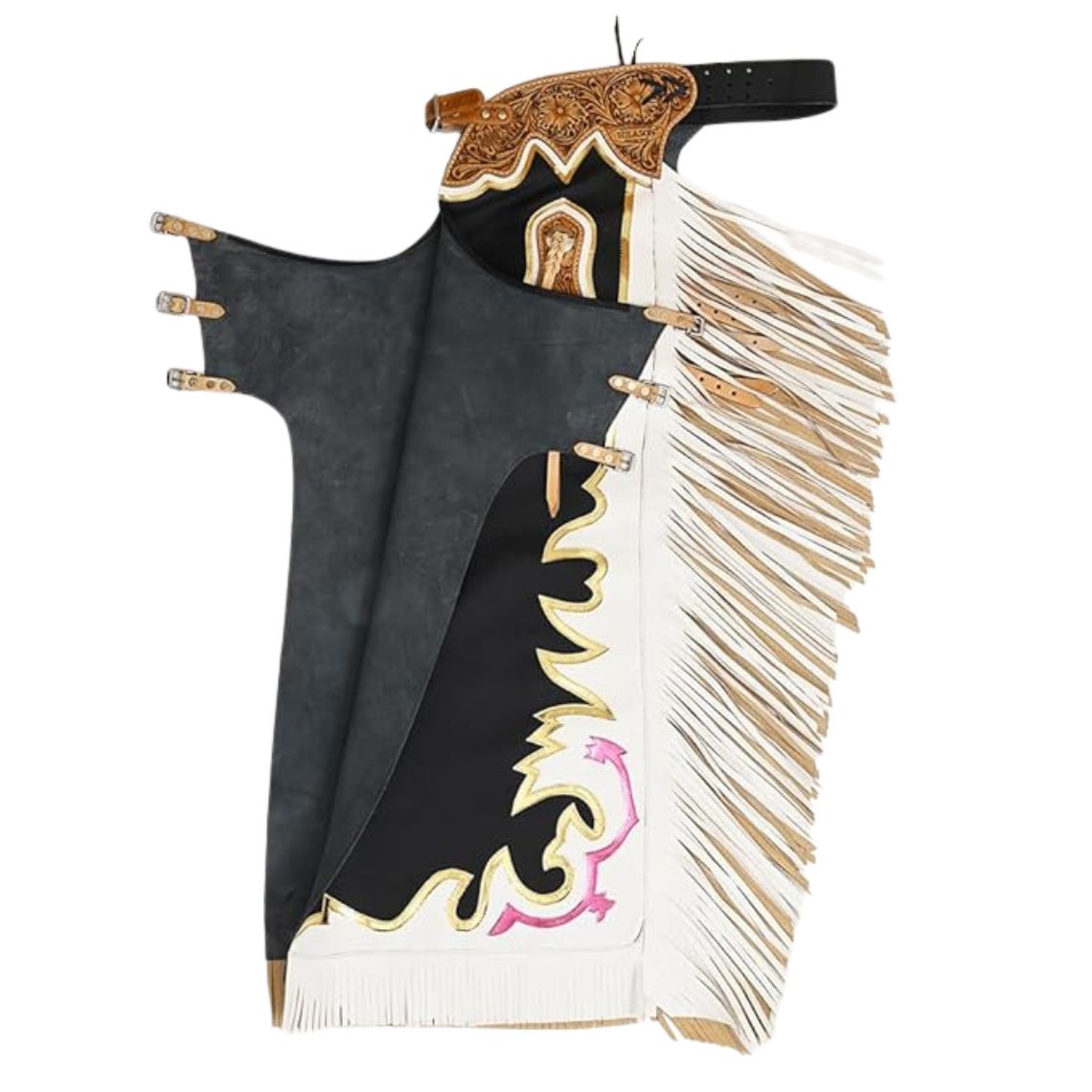open view leather rodeo chaps interior with fringe and buckle system