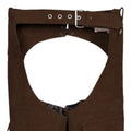 Fringe detail on brown western leather chaps
