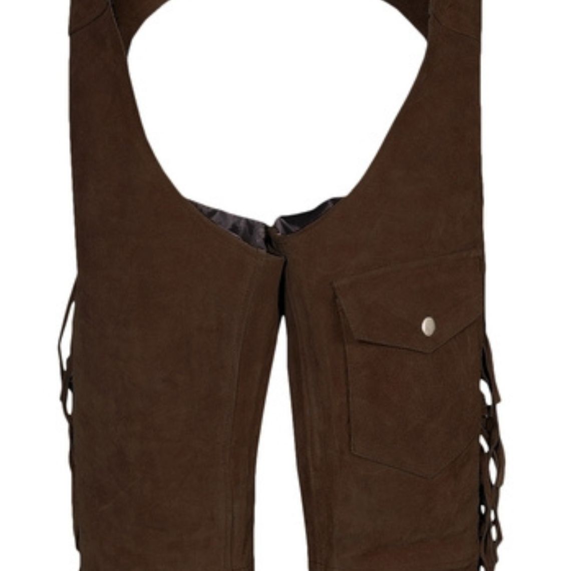 Pocket detail on chocolate brown suede riding chaps