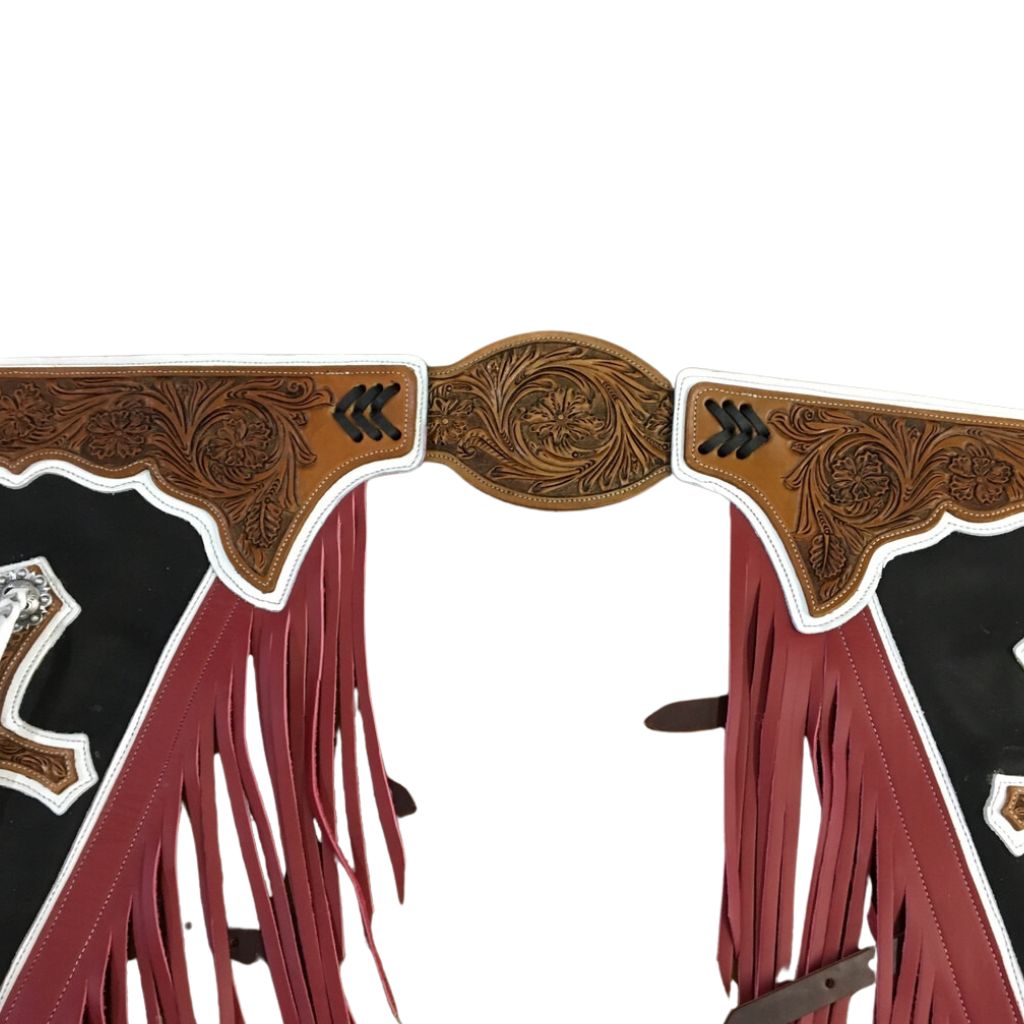 Black red rodeo chaps leather western fringe bull riding gear full view