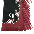 Western black red leather rodeo chaps with fringe side profile detail
