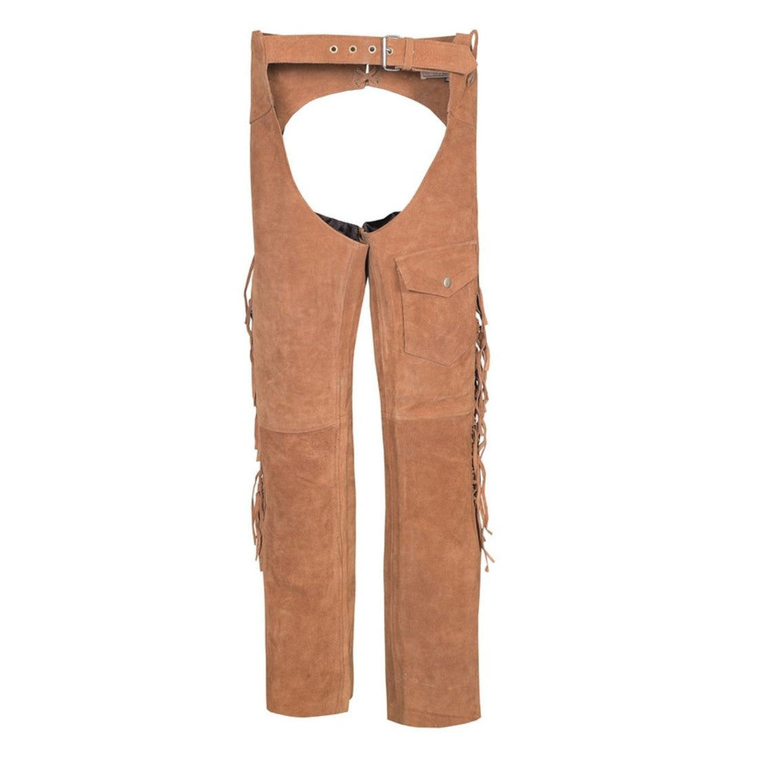 Tan suede leather western chaps front view with pocket