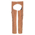 Back view of tan western chaps with fringe detailing