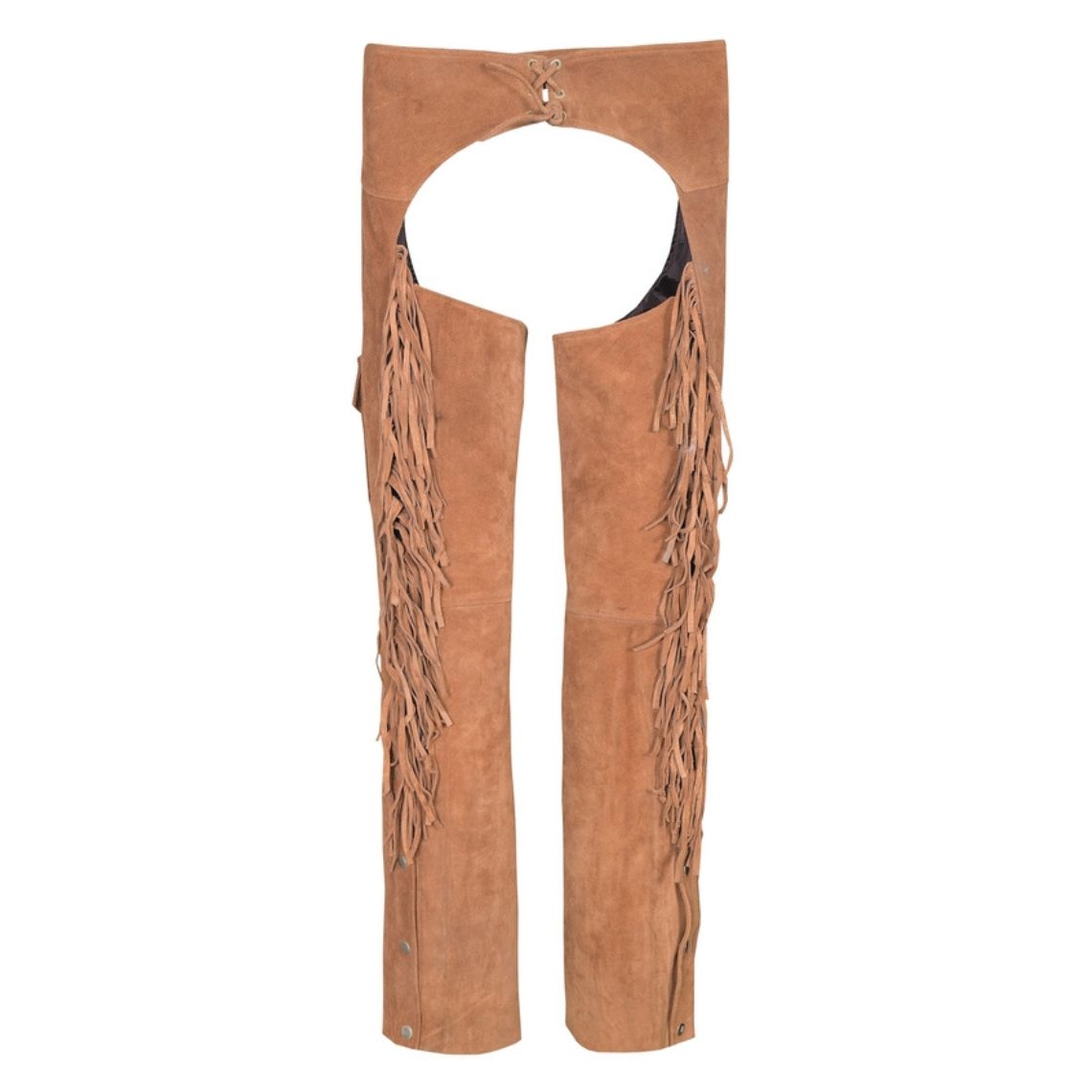 Back view of tan western chaps with fringe detailing