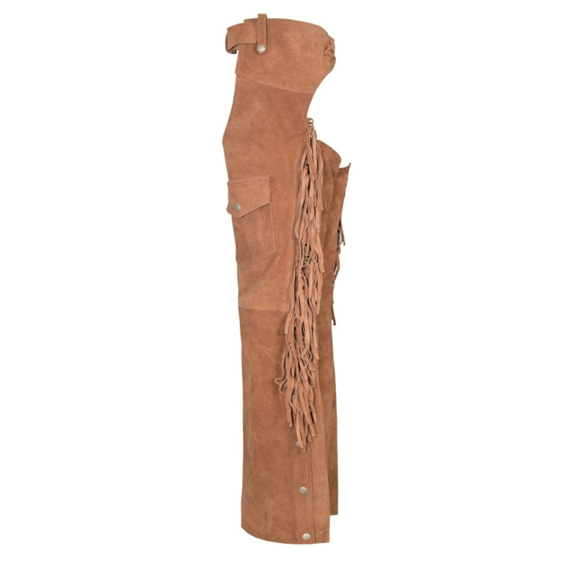 Side view of suede cowboy chaps with long fringe