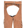 Close-up of adjustable belt on tan leather chaps